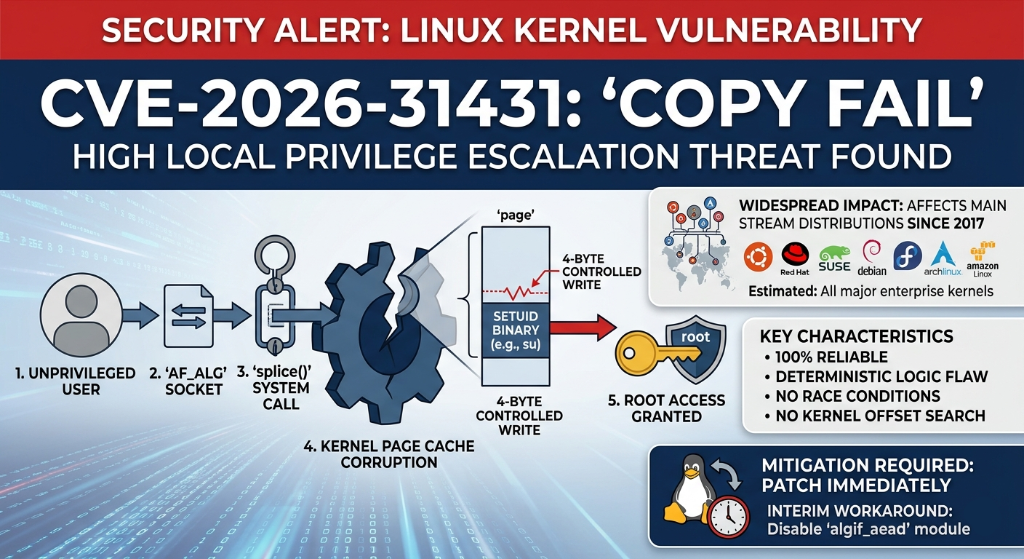 Critical Linux kernel vulnerability (CVE-2026-31431 “Copy Fail”)