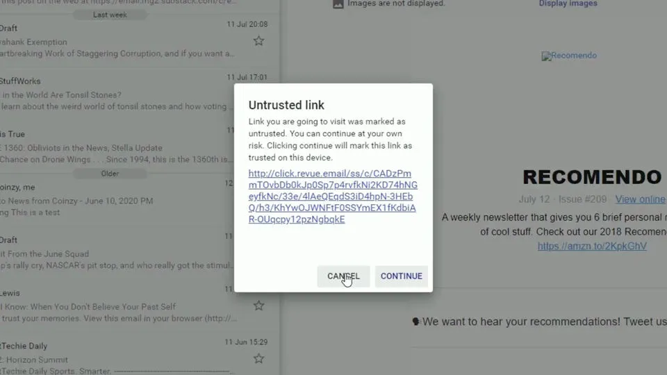 CrossBox flagging a suspicious link