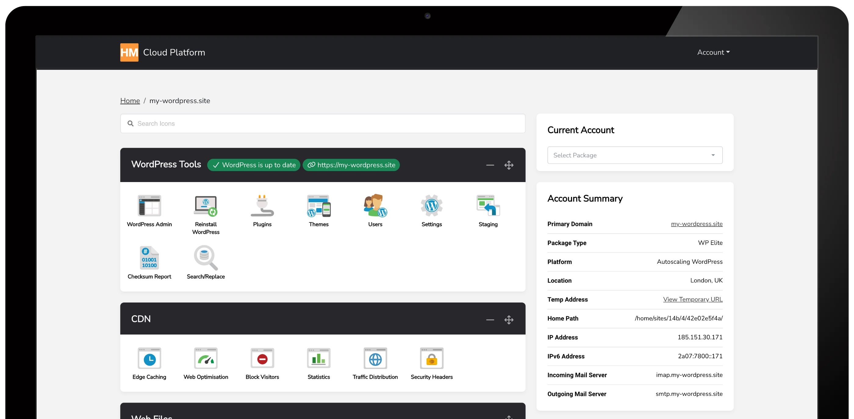 The control panel for a WordPress site, with WordPress Tools for admin login, plugins, themes, users, settings, staging, the checksum report and search and replace, above the CDN tools